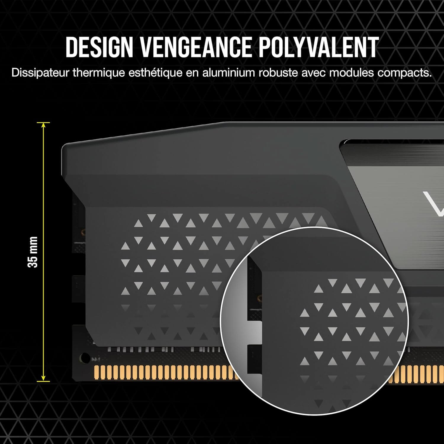 CORSAIR Vengeance DDR5 RAM design with aluminum heat spreader and 35mm height for compact modules.