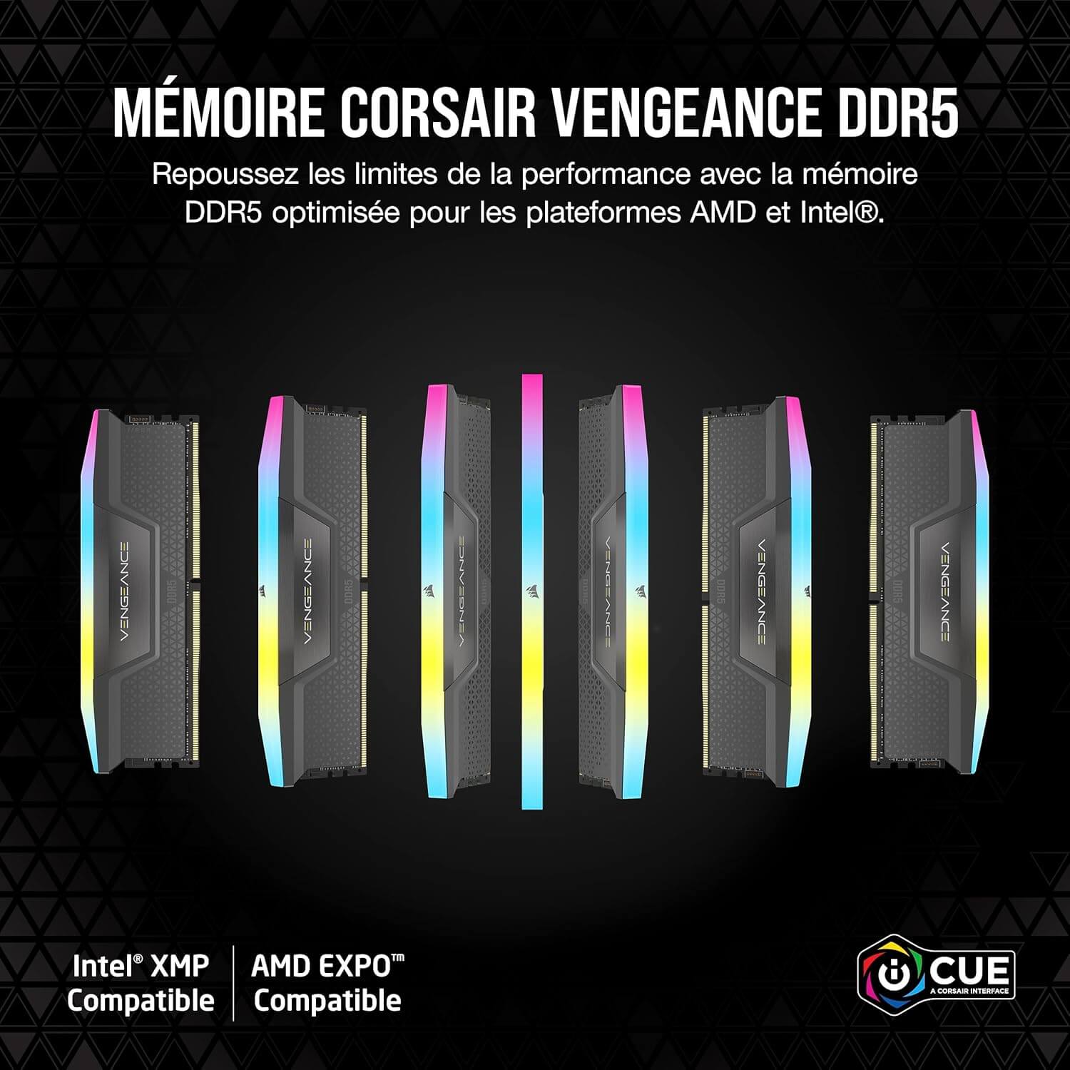 CORSAIR VENGEANCE RGB DDR5 mémoire, optimisée pour AMD et Intel, avec éclairage iCUE synchronisé.