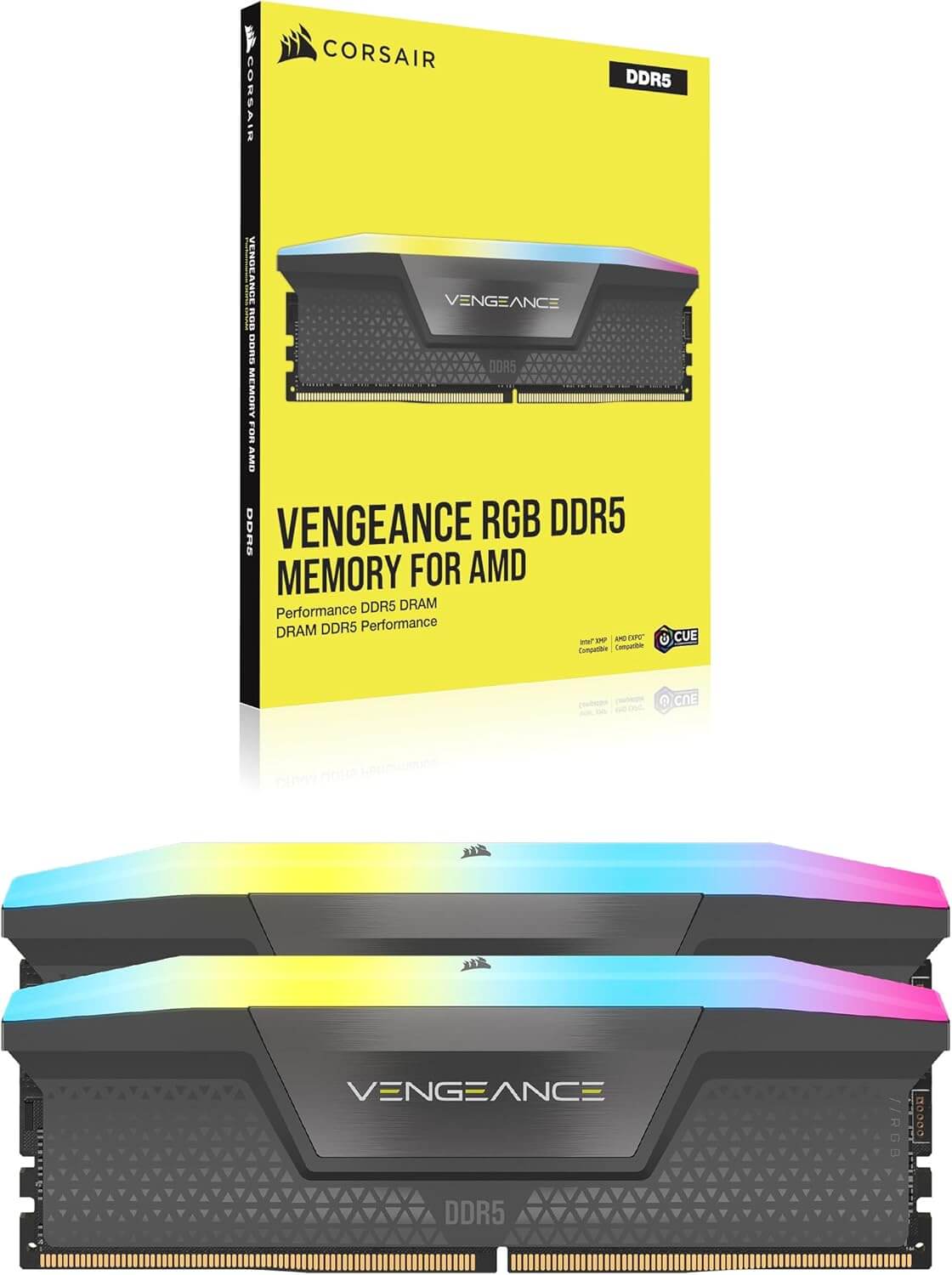 CORSAIR VENGEANCE RGB DDR5 memory kit with dual sticks and packaging, designed for AMD platforms, showcasing vibrant RGB lighting.