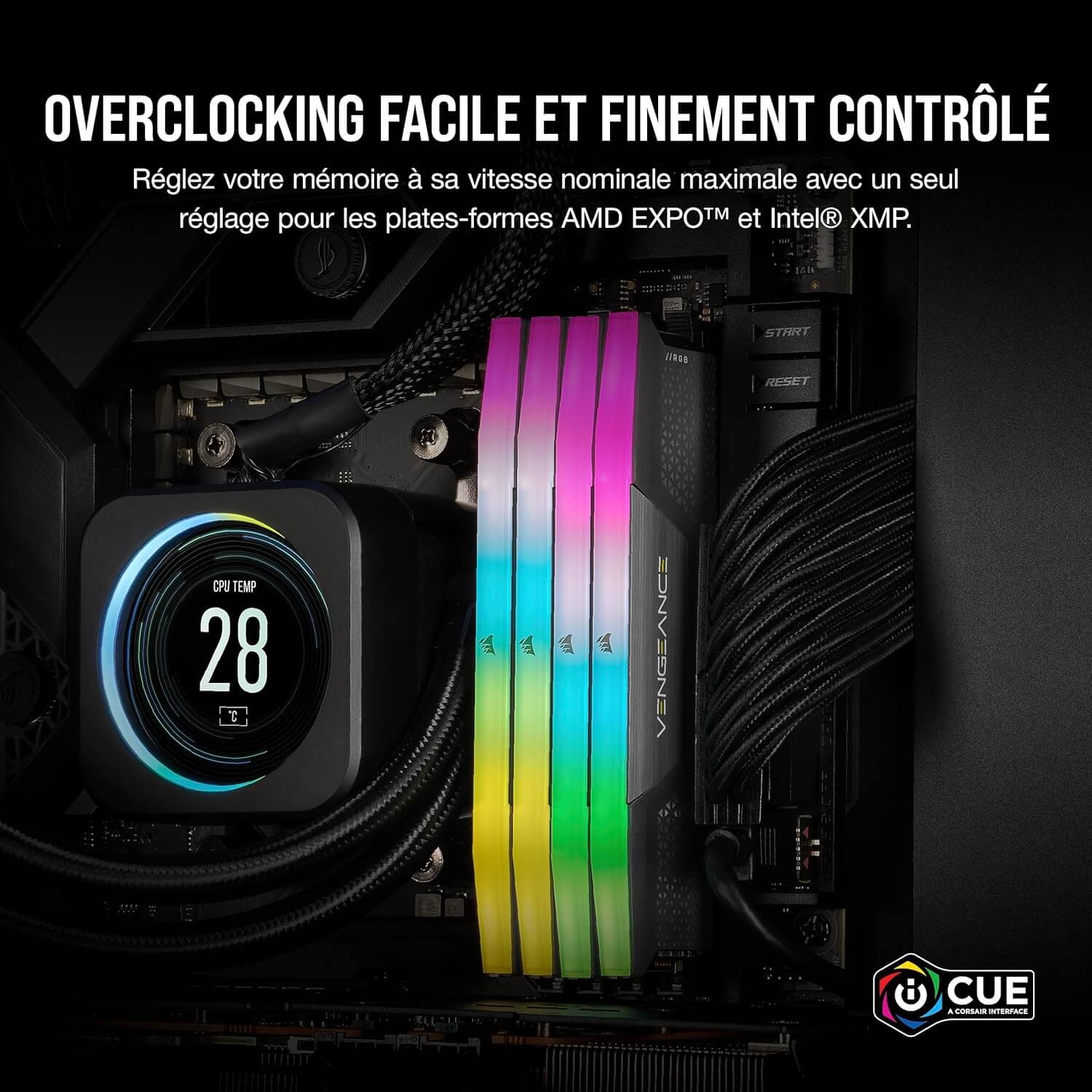 CORSAIR VENGEANCE RGB DDR5 RAM modules with iCUE lighting and cooling system in a gaming PC.