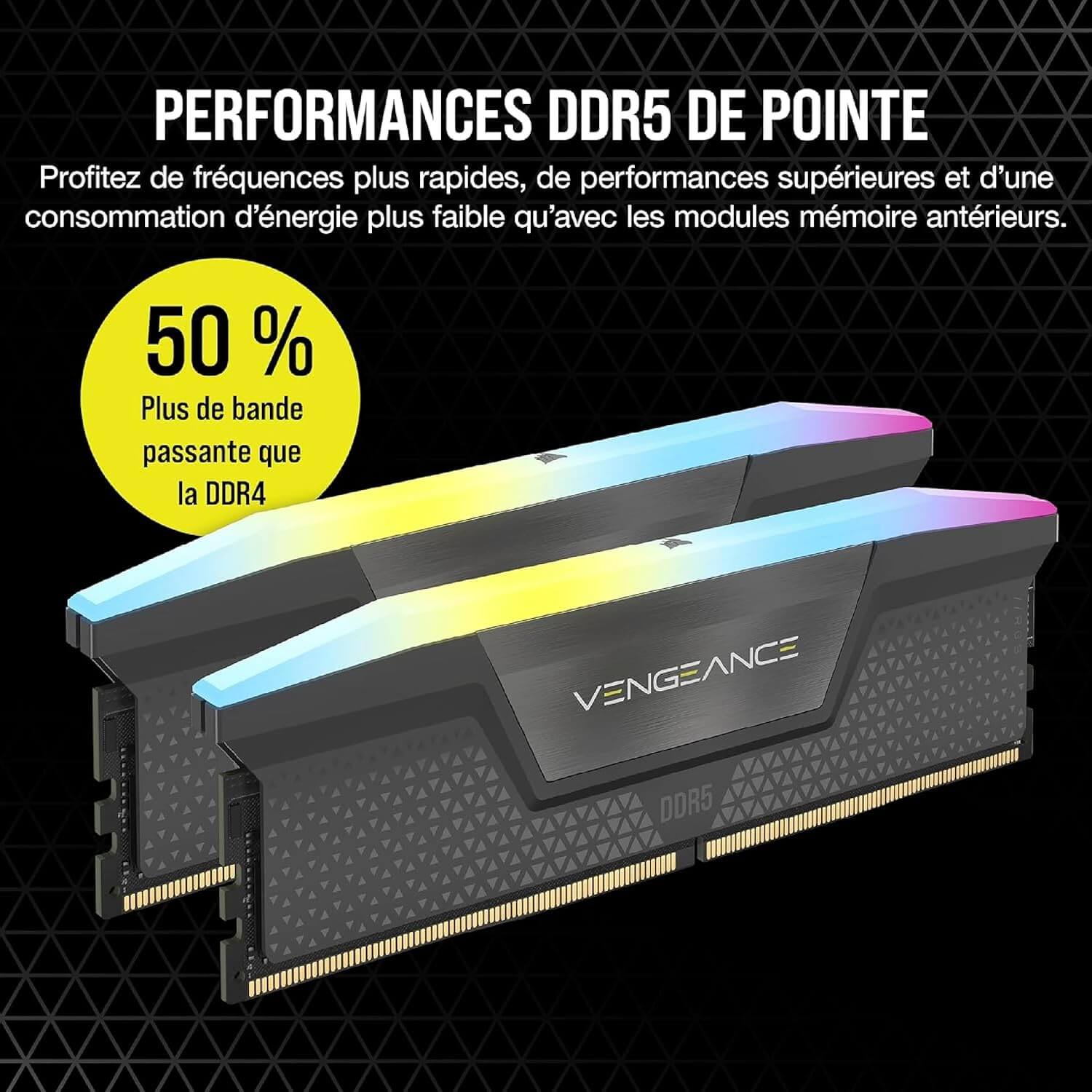 CORSAIR VENGEANCE RGB DDR5 32Go RAM modules avec éclairage RGB et performances de pointe.