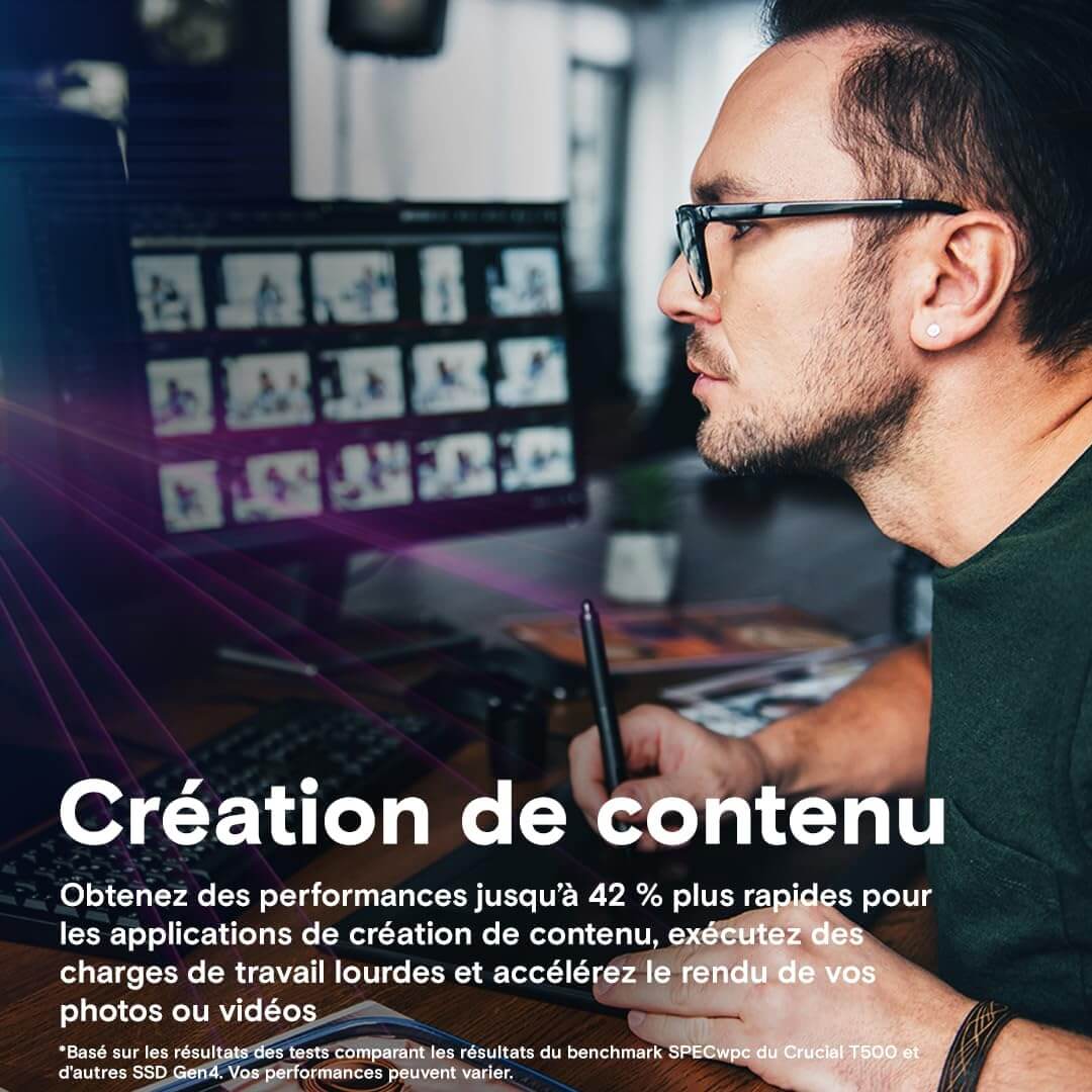 Création de contenu avec le Crucial T500 SSD 1To PCIe 4.0 pour des performances optimales.