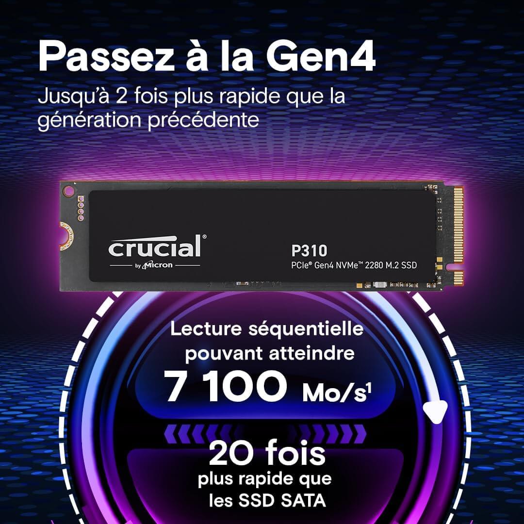 Crucial P310 SSD 2To PCIe Gen4 NVMe M.2 2280 offrant des vitesses de lecture jusqu'à 7100 Mo/s.
