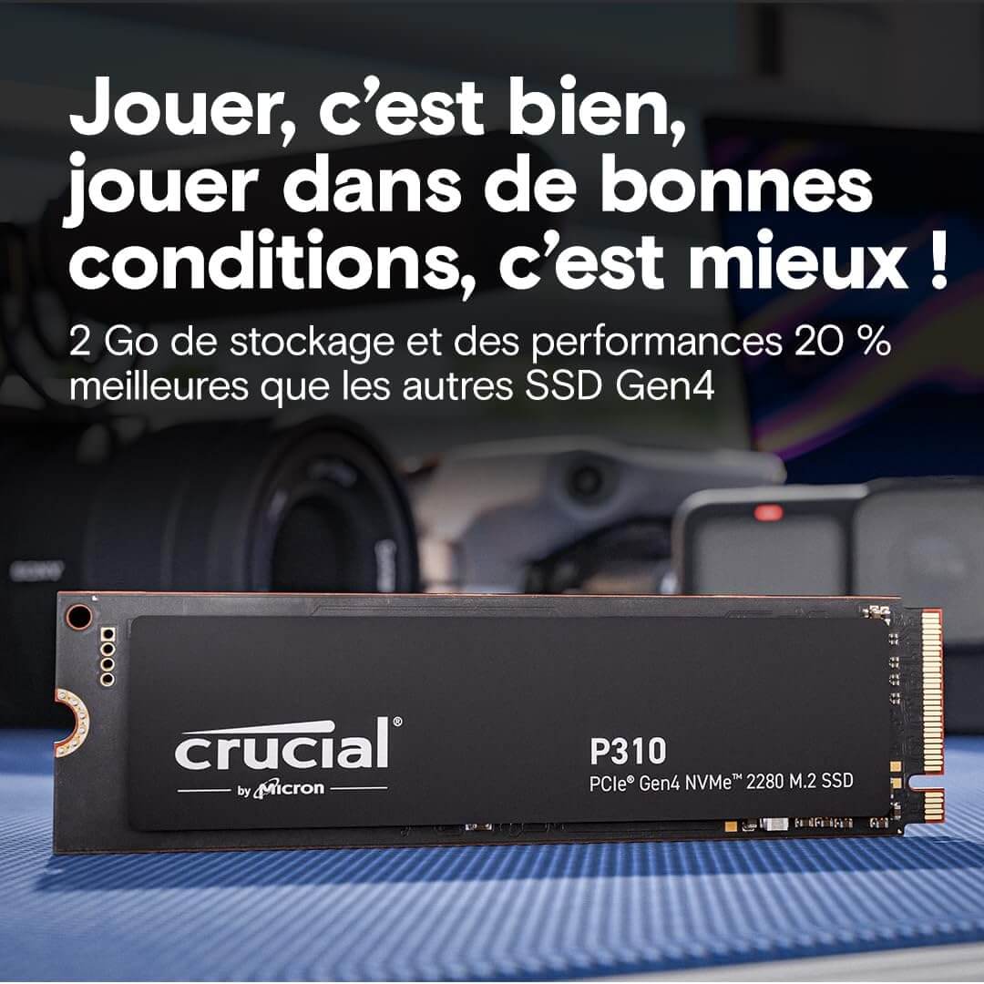 Crucial P310 SSD 2To PCIe 4.0 avec performances supérieures et stockage rapide pour gamers.