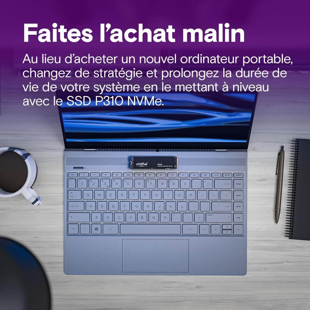 Ordinateur portable avec Crucial P310 SSD 500Go et texte sur l'achat malin.