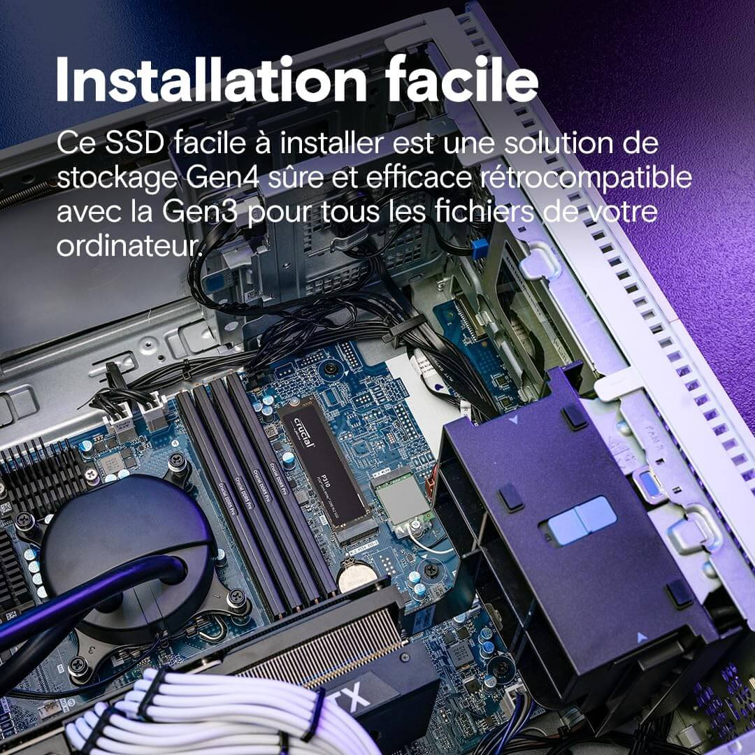 Crucial P310 SSD 2To installé dans un ordinateur, montrant une configuration facile et compatible avec Gen4.