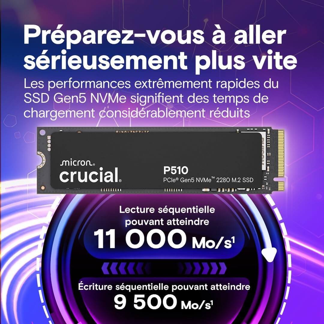 Crucial P510 SSD 1 To PCIe 5.0 avec des vitesses de lecture de 11 000 Mo/s et d'écriture de 9 500 Mo/s.