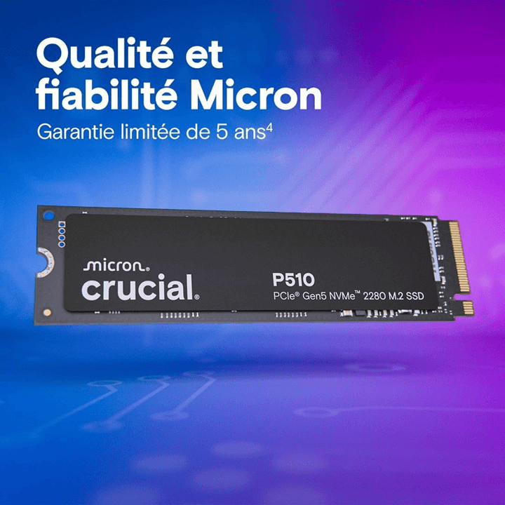 Crucial P510 SSD 1 To PCIe 5.0 en format M.2, présentant le design noir et le logo Crucial.