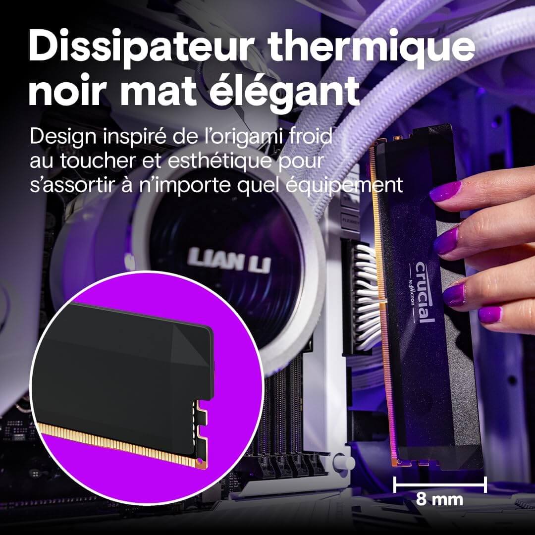 Crucial Pro RAM DDR5 avec dissipateur thermique noir mat élégant pour PC haute performance.