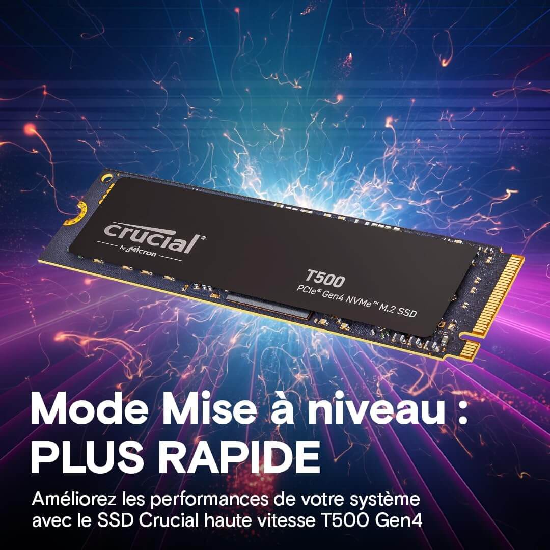 Crucial T500 SSD 1To PCIe 4.0 avec un fond vibrant et des visuels d'accélération.