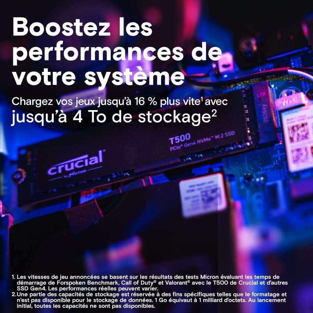 Crucial T500 SSD 1To PCIe 4.0 pour booster les performances de votre système avec un stockage rapide.