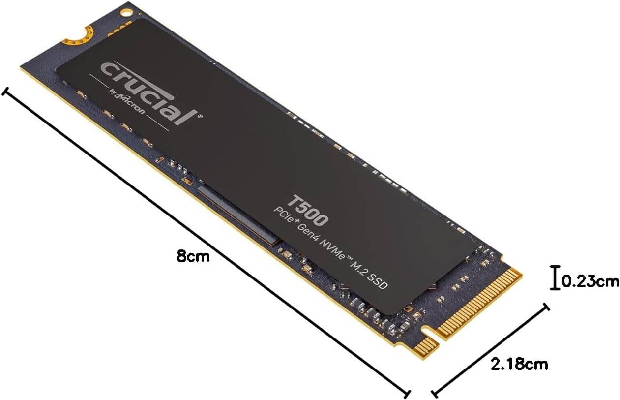 Crucial T500 SSD 1To PCIe 4.0 avec dimensions de 8cm x 2.18cm x 0.23cm, idéal pour un stockage rapide.