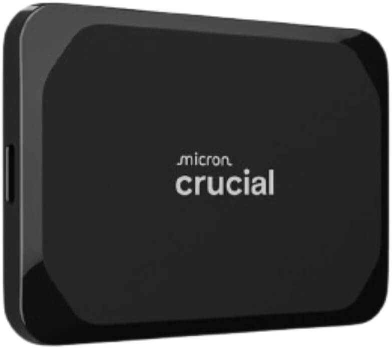Disque dur externe Crucial X9 2To SSD Portable avec finition noire et logo de la marque.
