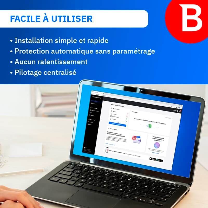 Bitdefender Premium VPN illimité - Interface conviviale sur ordinateur portable montrant protection automatique et installation rapide.