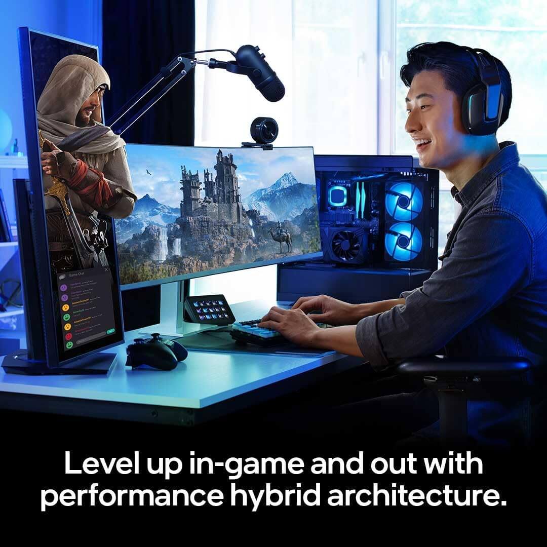 Processeur Intel Core i5-14500 gaming setup with dual monitors and performance hybrid architecture.