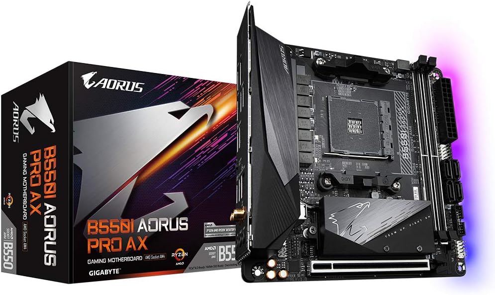 GIGABYTE B550I AORUS Pro image showing Mini-ITX motherboard and packaging for gaming performance.