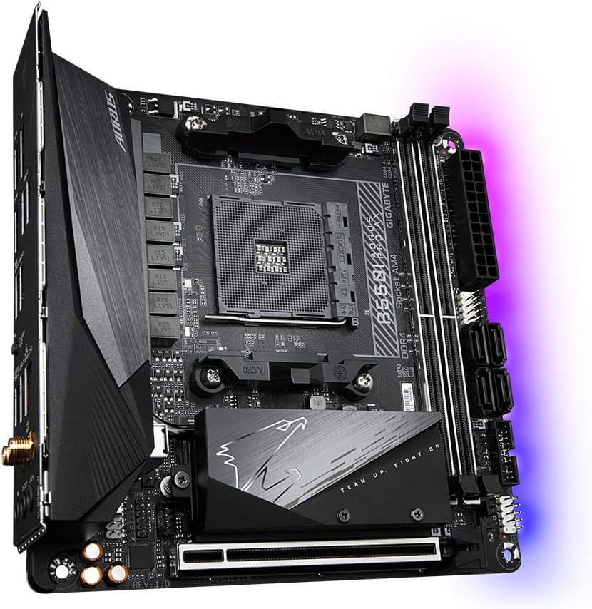 GIGABYTE B550I AORUS Pro carte mère Mini-ITX avec éclairage RGB et connectivité moderne.