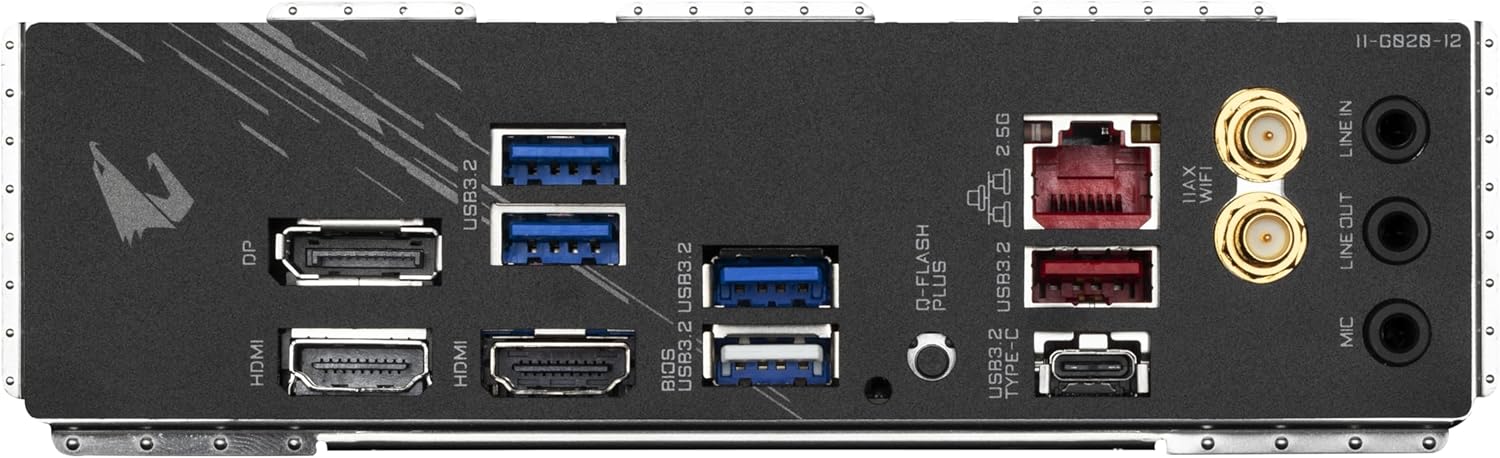 Connectivité arrière de la carte mère GIGABYTE B550I AORUS Pro avec ports USB et audio.