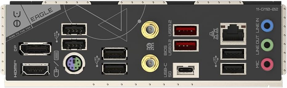 GIGABYTE B650 Eagle AX rear I/O ports layout showcasing connectivity options and design features.