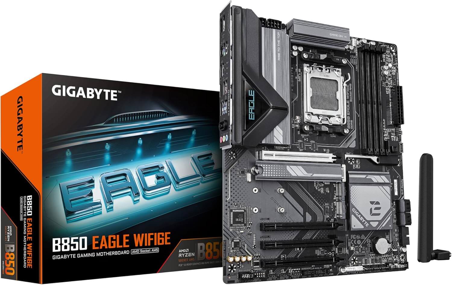 GIGABYTE B850 Eagle WIFI6E motherboard with packaging showcasing advanced connectivity and design features.