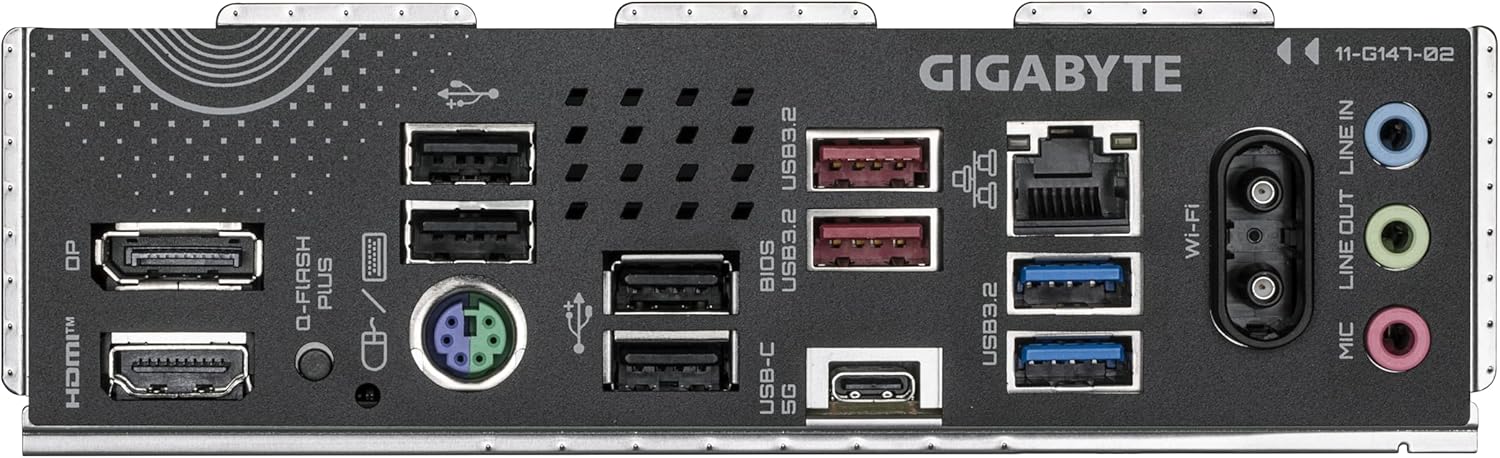 GIGABYTE B850 Eagle WIFI6E ports and connectivity features including USB and audio outputs.