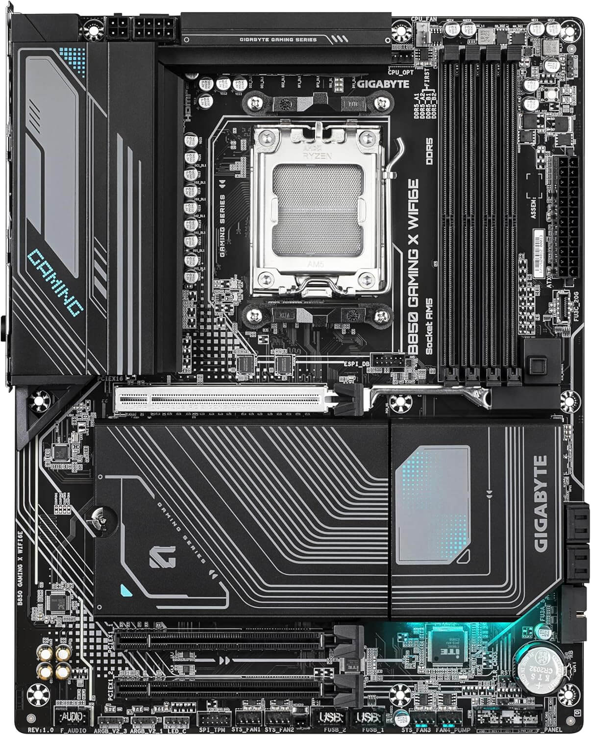 Carte mère GIGABYTE B850 Gaming X WiFi6E avec chipset AMD, connectivité moderne et design élégant.