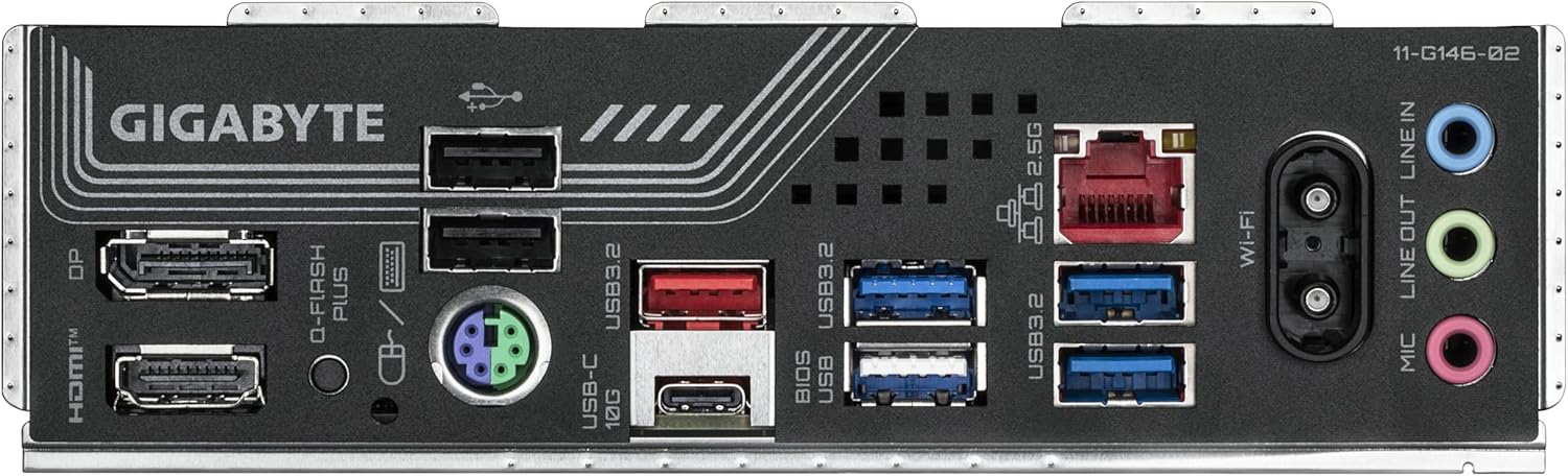 Ports de connexion de la carte mère GIGABYTE B850 Gaming X, incluant USB, HDMI et WiFi6E.