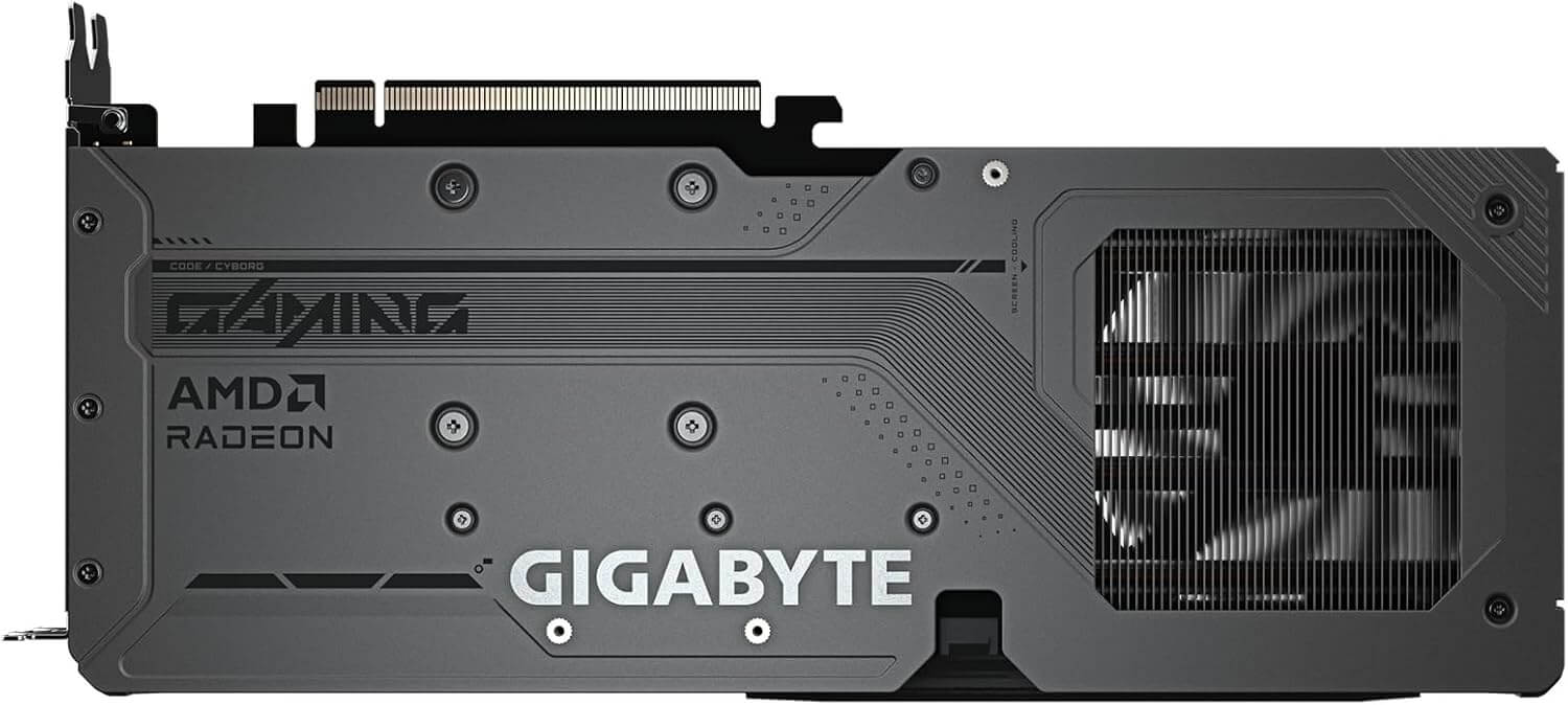 GIGABYTE Radeon RX 9060 XT 16G vue arrière avec refroidissement avancé et design élégant pour performances graphiques.
