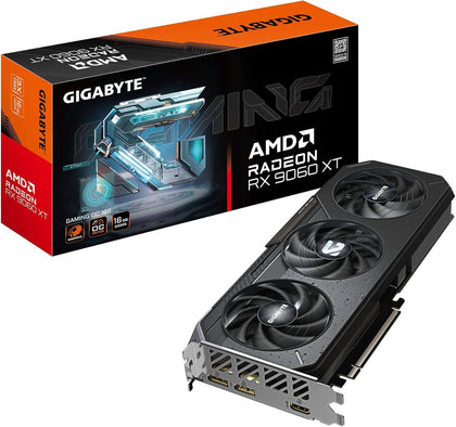 Image de la GIGABYTE Radeon RX 9060 XT 16G avec boîte et carte graphique affichant des caractéristiques puissantes.