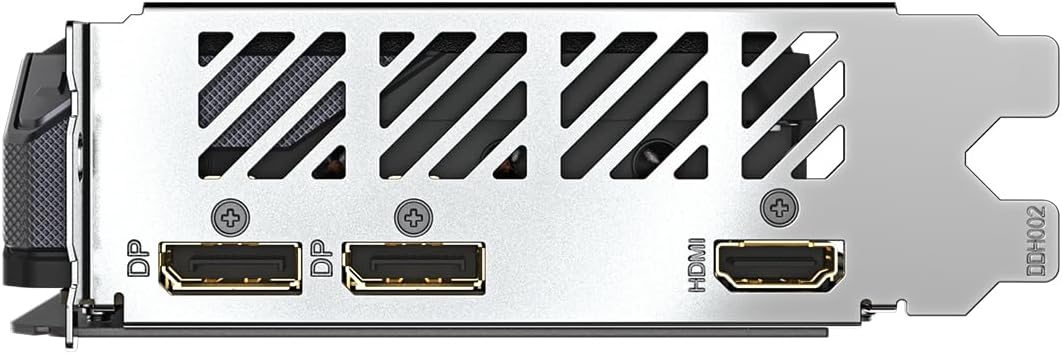 Connecteurs arrière de la Gigabyte Radeon RX 9060 XT avec ports DisplayPort et HDMI.
