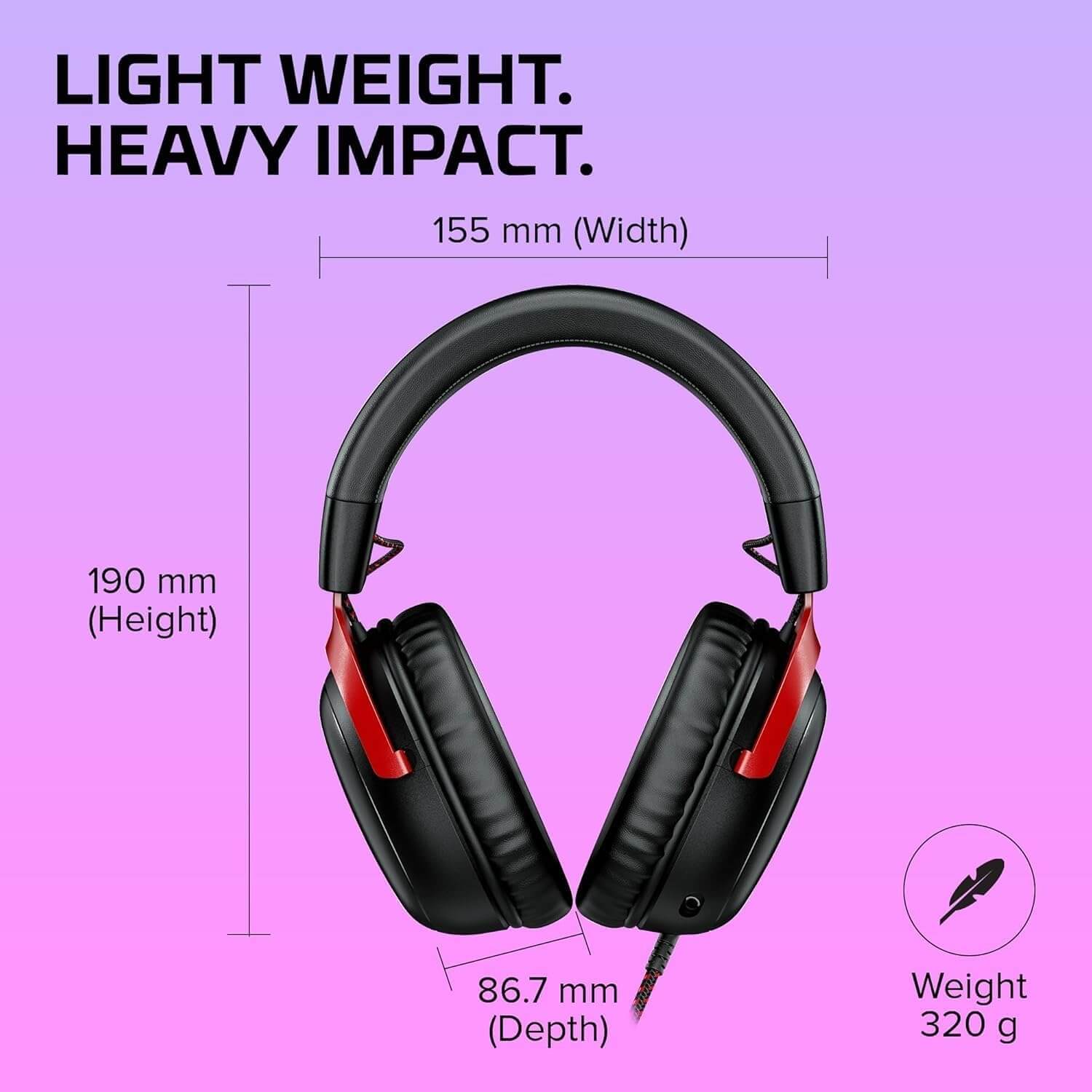 HyperX Cloud III gaming headset dimensions 155mm width, 190mm height, 86.7mm depth, weight 320g.
