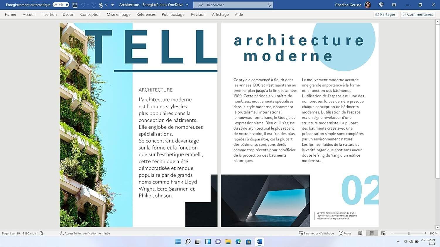 Illustration d'un document sur l'architecture moderne dans Office Famille et Petite Entreprise 2021.