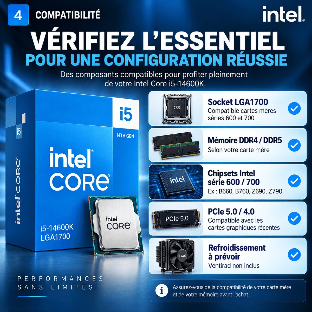 Intel Core i5-14600K - compatibilité LGA1700, DDR4 DDR5 et chipsets Intel 600 700