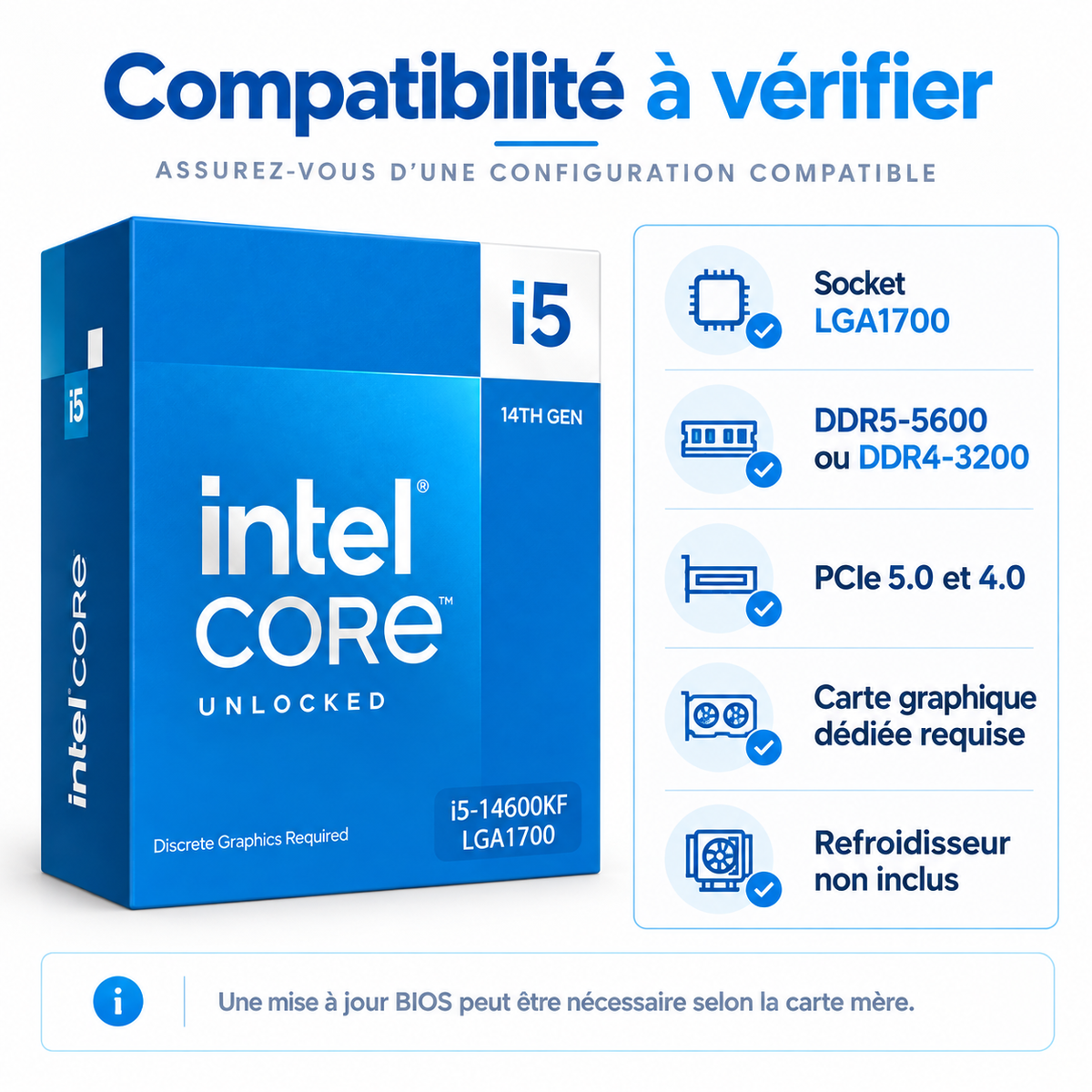 Intel Core i5-14600KF compatibilité LGA1700 DDR5 DDR4 GPU dédié sur fond blanc