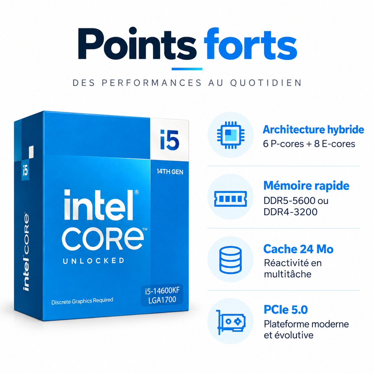 Intel Core i5-14600KF points forts DDR5 cache 24 Mo PCIe 5.0 sur fond blanc