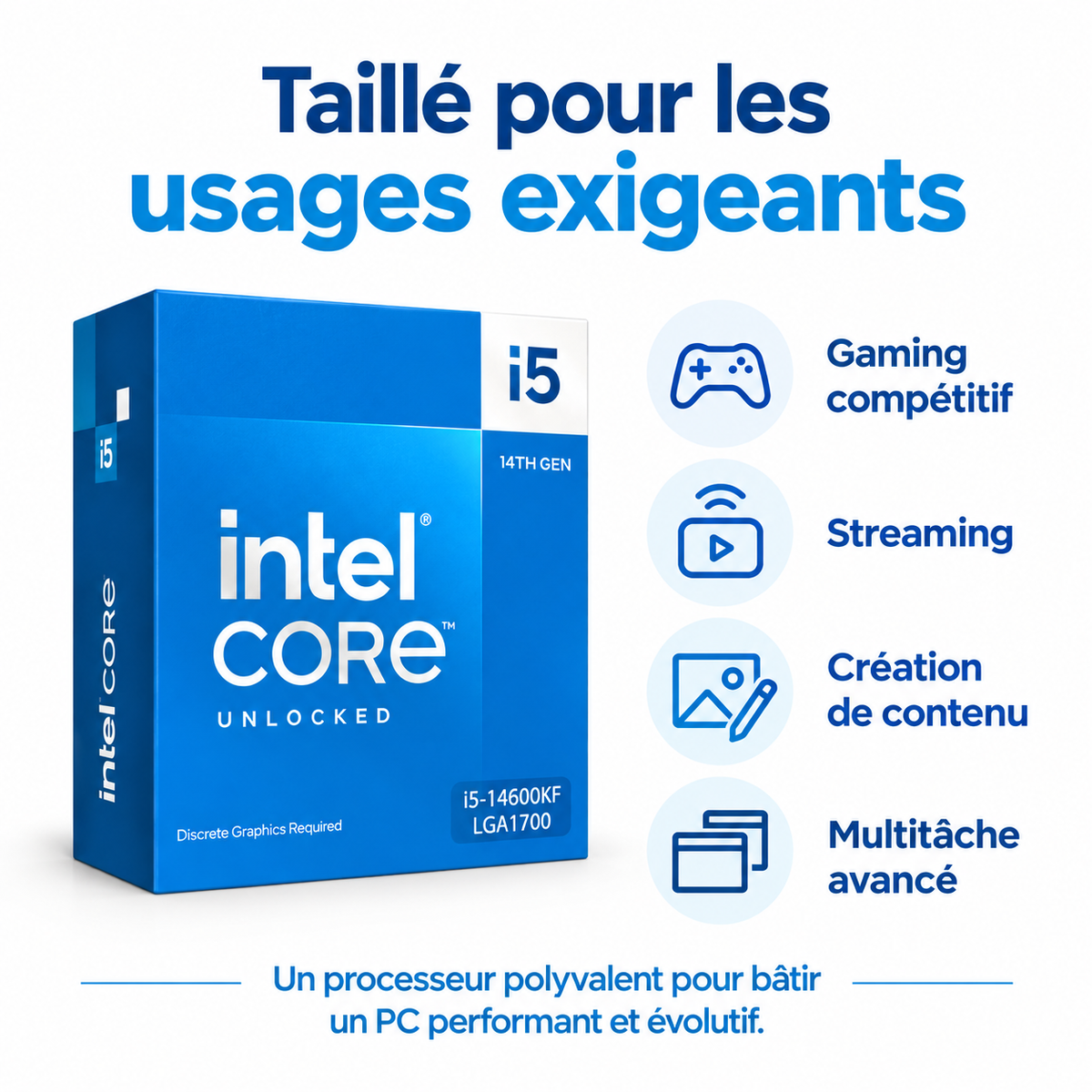 Intel Core i5-14600KF gaming streaming création multitâche sur fond blanc