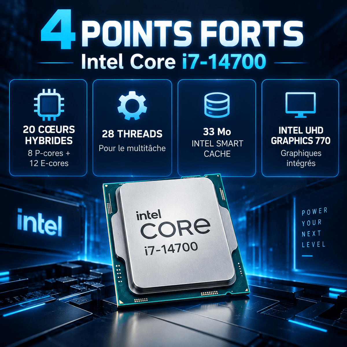Intel Core i7-14700 quatre points forts 20 cœurs 28 threads 33 Mo cache UHD 770