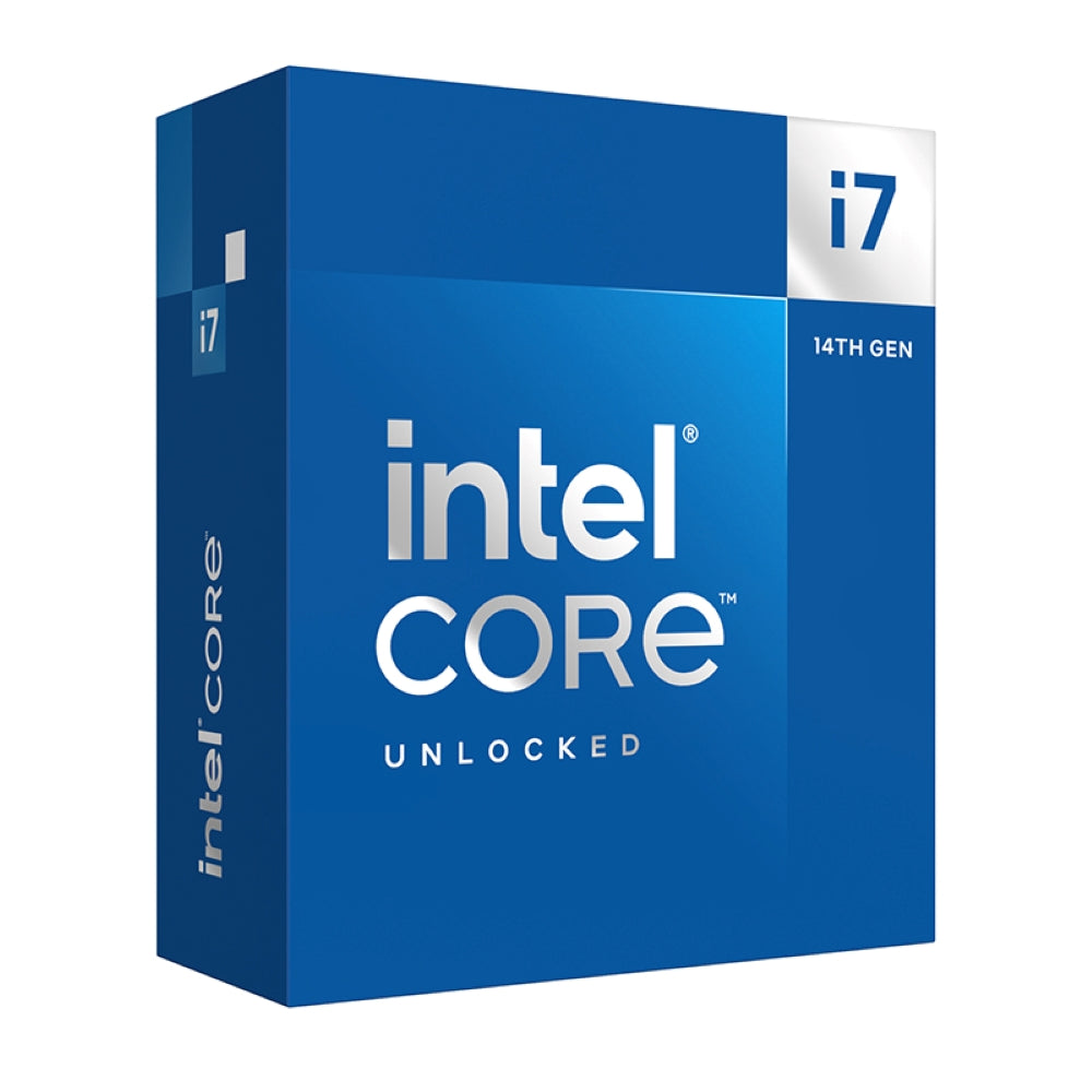 Boîte commerciale illustrative Intel Core i7-14700K 14e génération sur fond blanc