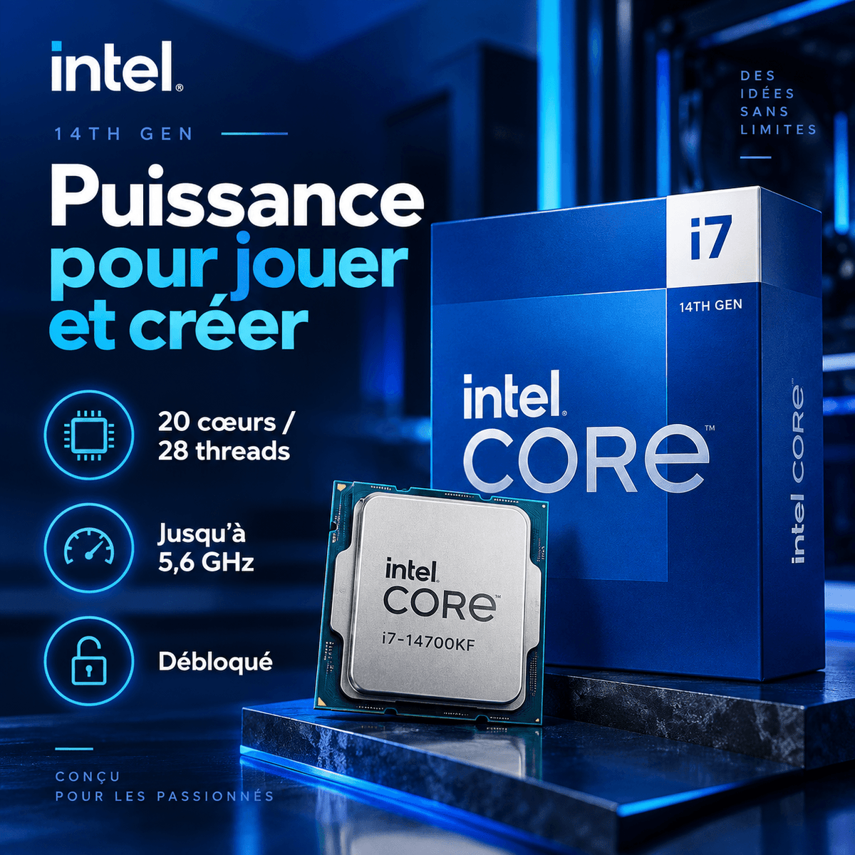 Intel Core i7-14700KF 20 cœurs 28 threads jusqu’à 5,6 GHz