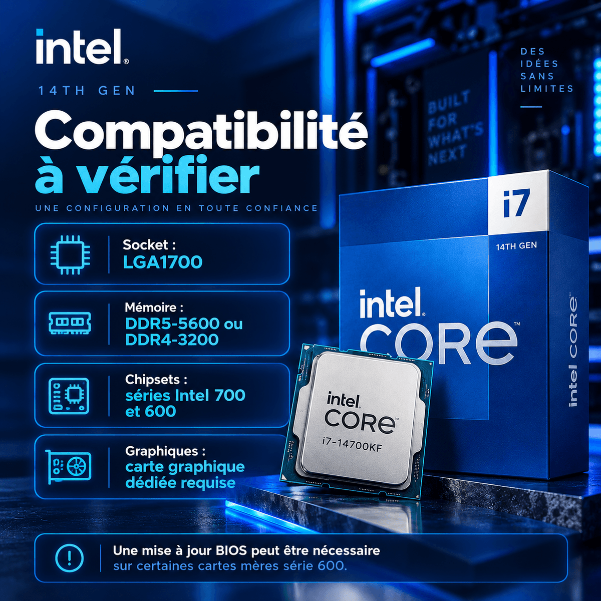 Compatibilité Intel Core i7-14700KF socket LGA1700 DDR5 DDR4 et carte graphique dédiée