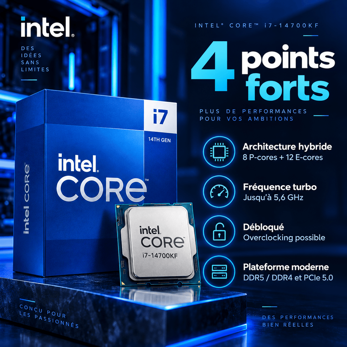 Intel Core i7-14700KF points forts architecture hybride fréquence turbo et PCIe 5.0