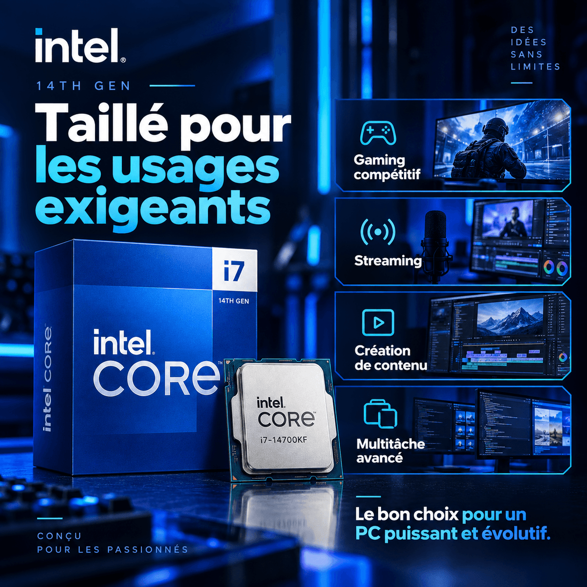Intel Core i7-14700KF pour gaming streaming création de contenu et multitâche
