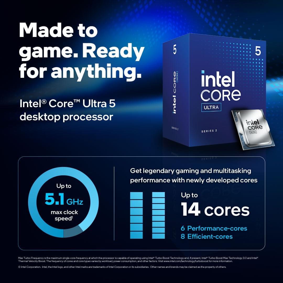 Boîte du processeur Intel Core Ultra 5 225F, optimisé pour les jeux et la multitâche, avec jusqu'à 5,1 GHz.