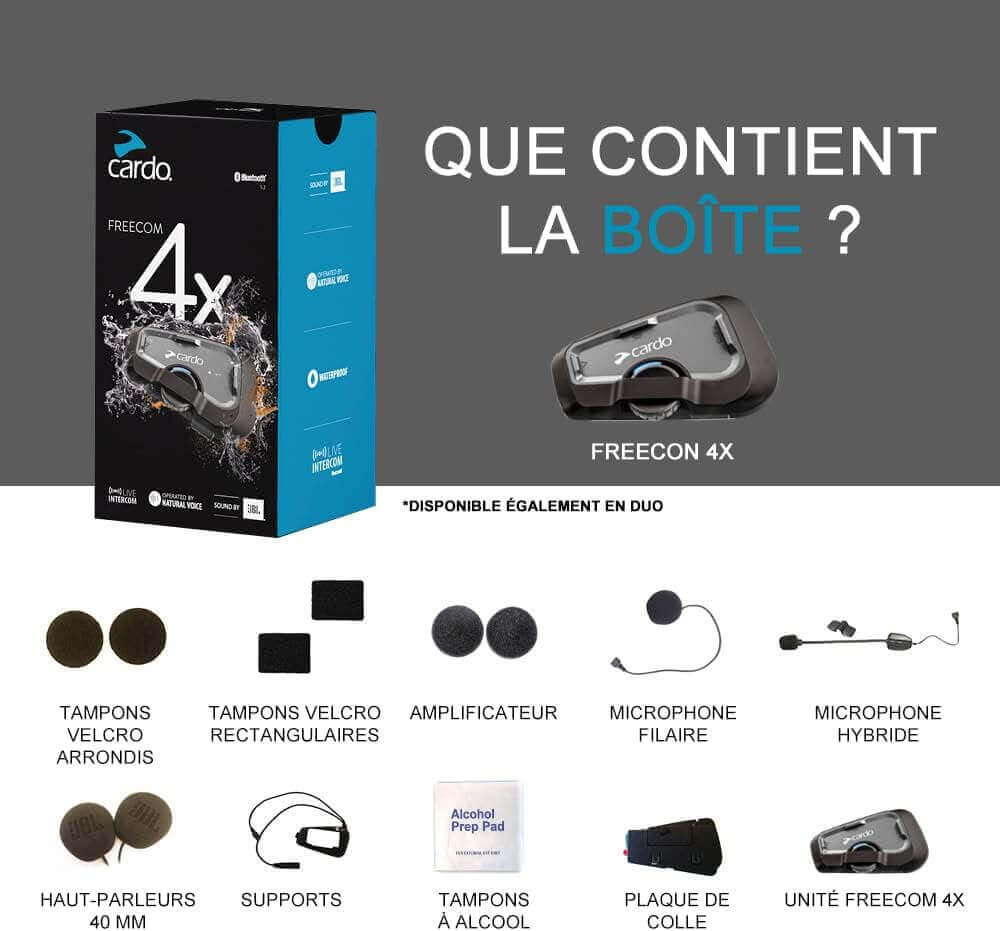 Intercom Cardo FREECOM 4X - Duo avec accessoires dans la boîte, comprenant haut-parleurs et microphones.