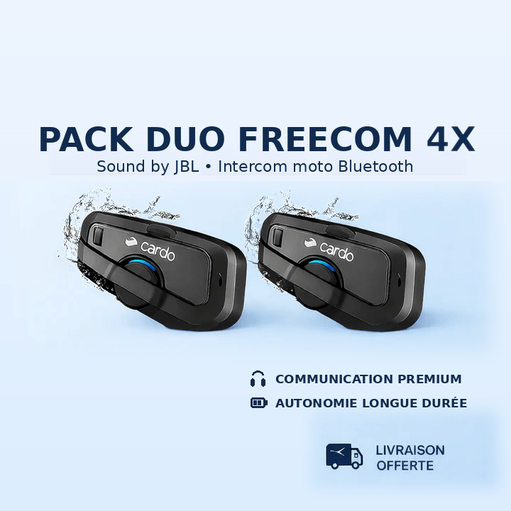 Intercom Cardo FREECOM 4X - Duo, dispositif de communication moto Bluetooth avec son JBL et autonomie longue durée.