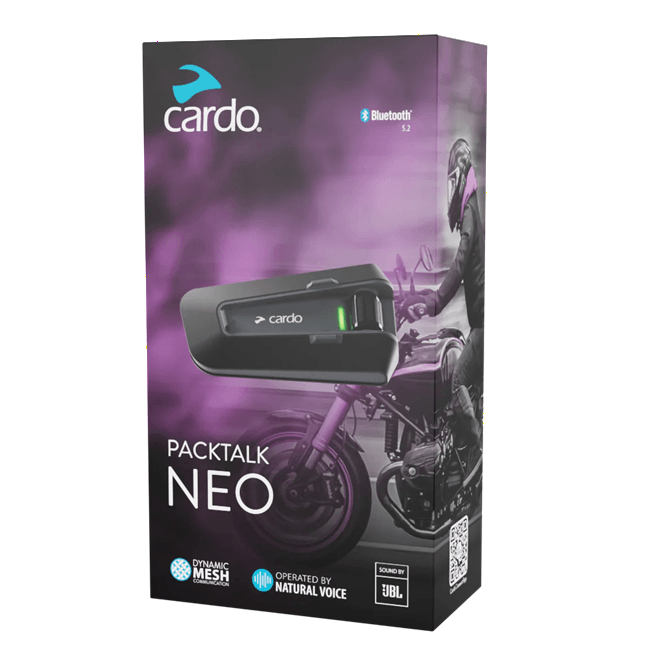 Intercom Cardo PACKTALK Neo - Boîte de produit avec son JBL et fonctionnalités Bluetooth