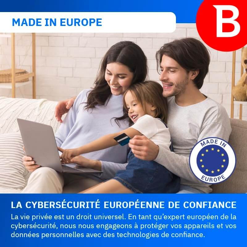 Bitdefender Premium VPN illimité, famille utilisant un ordinateur portable avec un symbole de cybersécurité européenne.