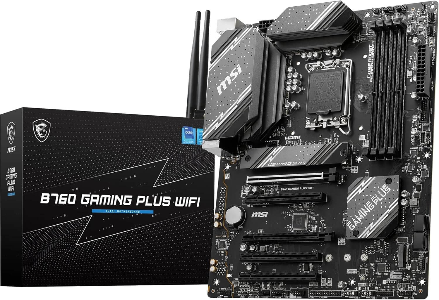 Carte mère MSI B760 GAMING PLUS WIFI vue de dessus, chipset Intel B760 et design noir/rouge.