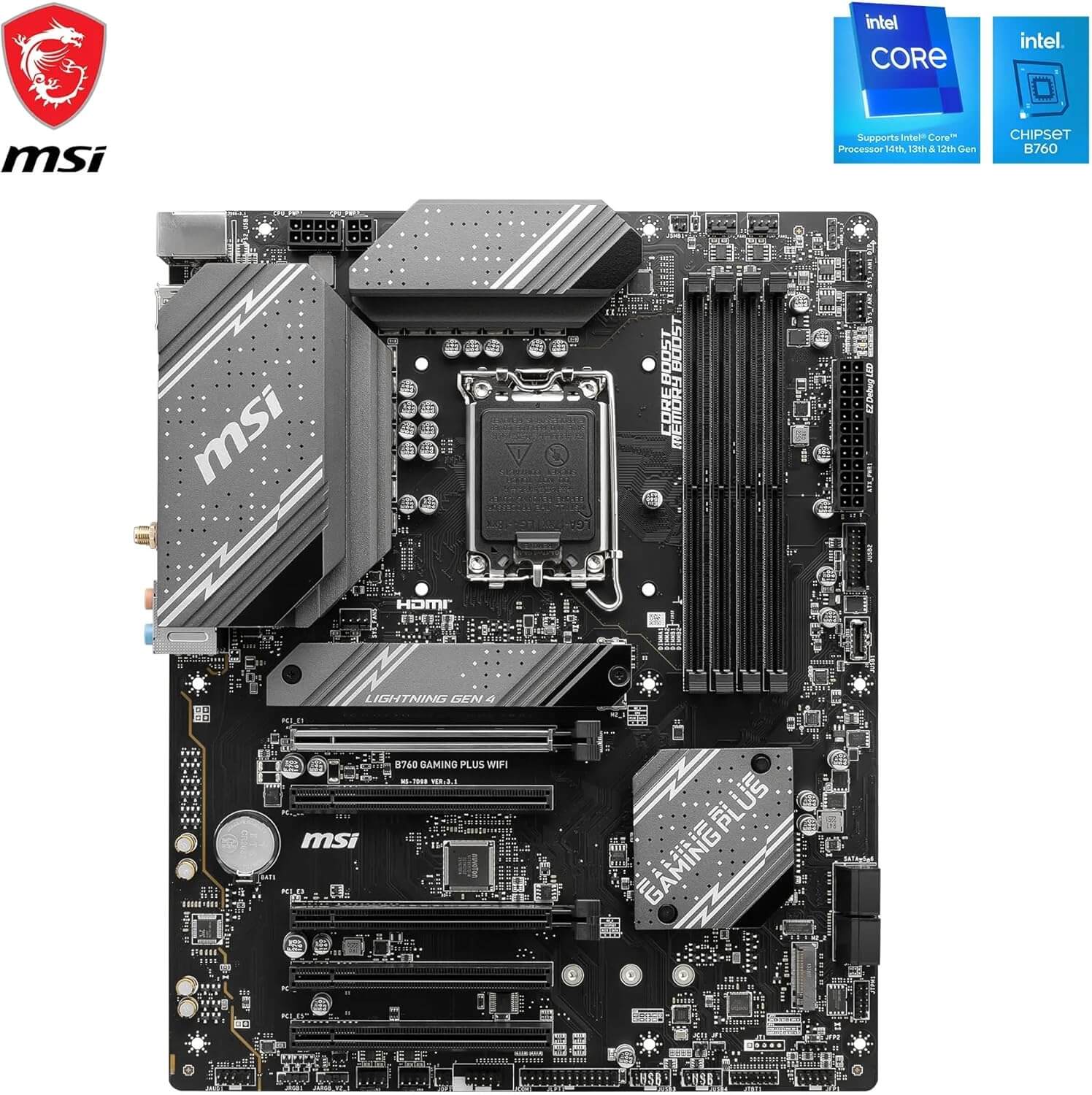 MSI B760 GAMING PLUS WIFI motherboard featuring Intel chipset and support for 12th to 14th gen Intel processors.