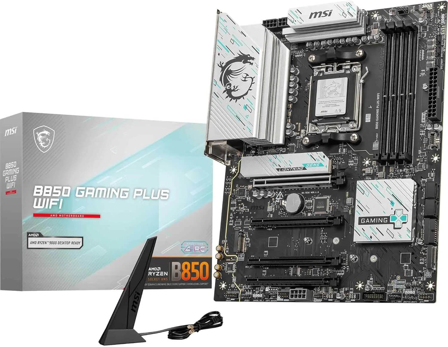 MSI B850 Gaming Plus WiFi avec boîtier et antenne WiFi, carte mère moderne pour processeurs Ryzen.